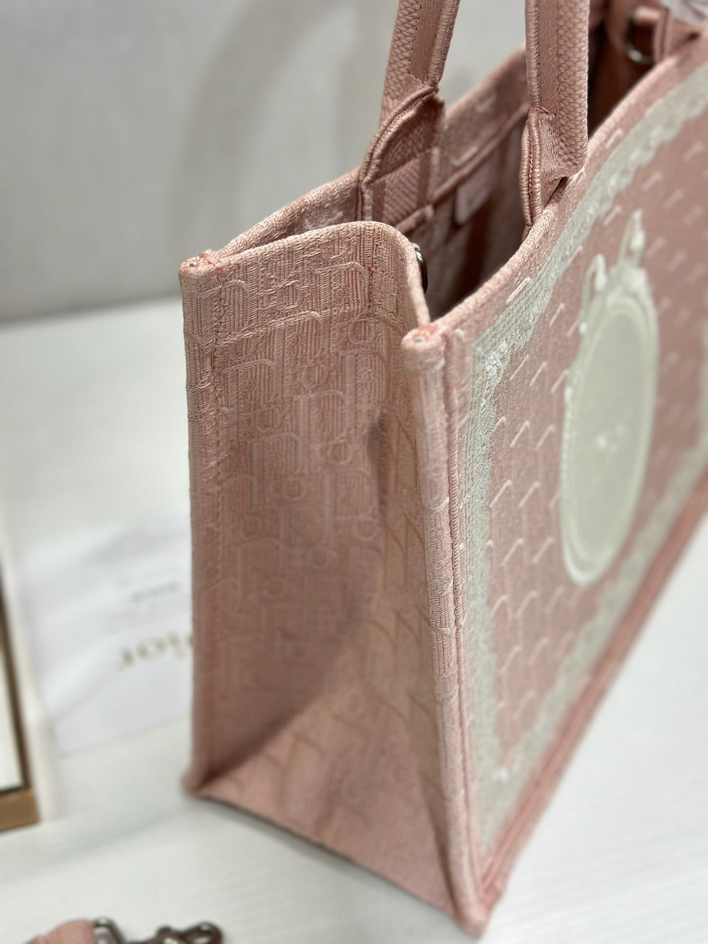 DIOR 26S  BOOK TOTE BAG 36 IN LIGHT PINK AND WHITE FABRIC