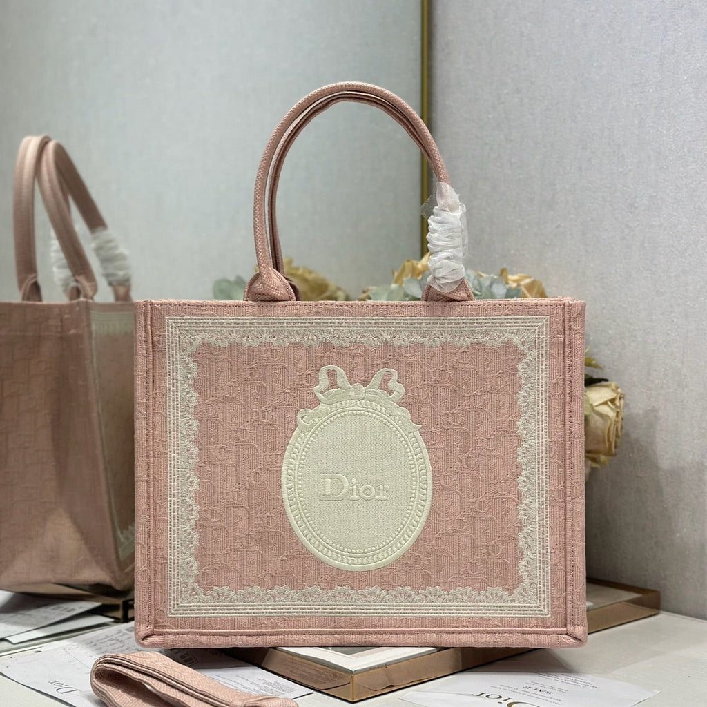 DIOR 26S  BOOK TOTE BAG 36 IN LIGHT PINK AND WHITE FABRIC