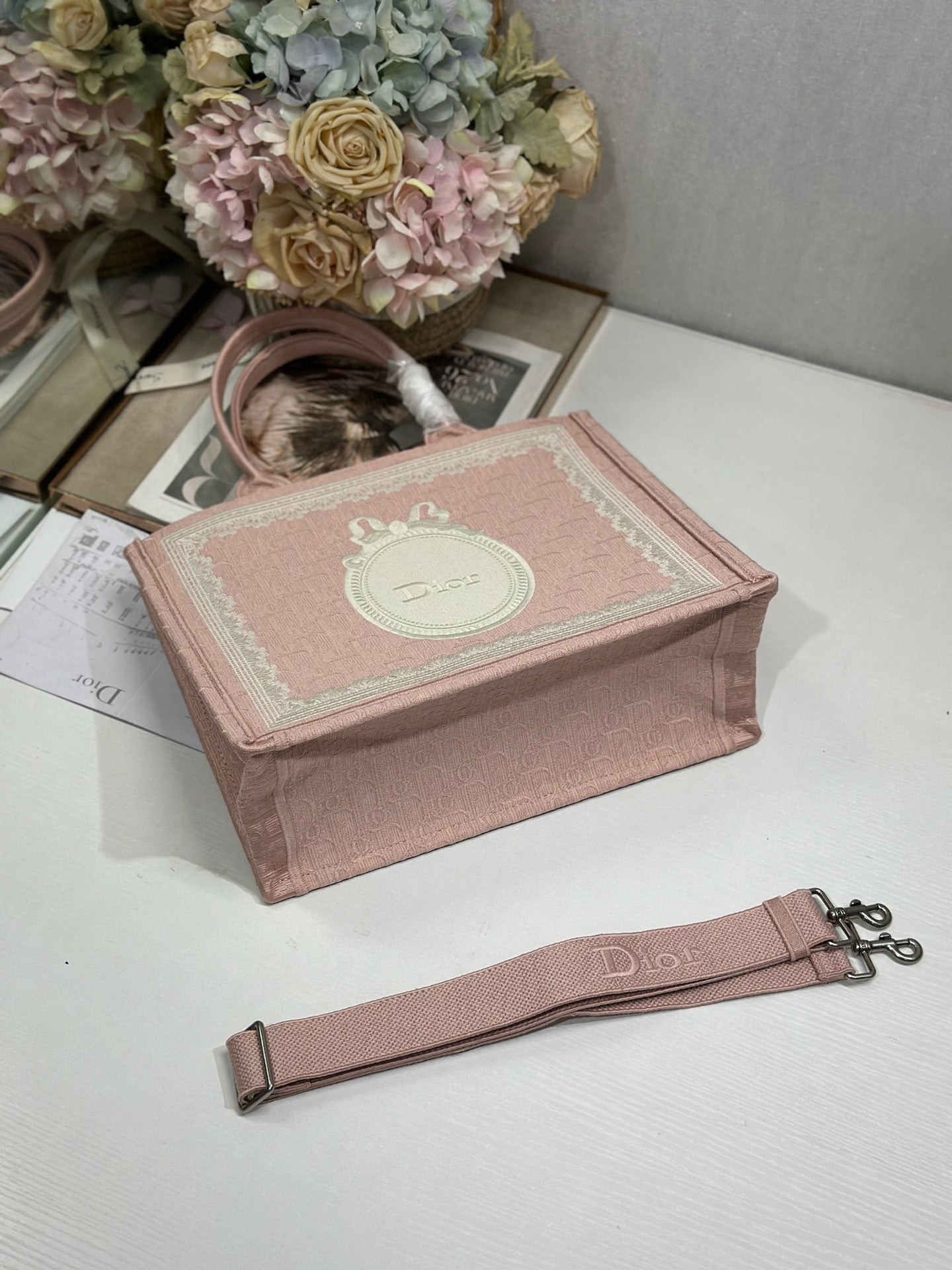 DIOR 26S  BOOK TOTE BAG 36 IN LIGHT PINK AND WHITE FABRIC
