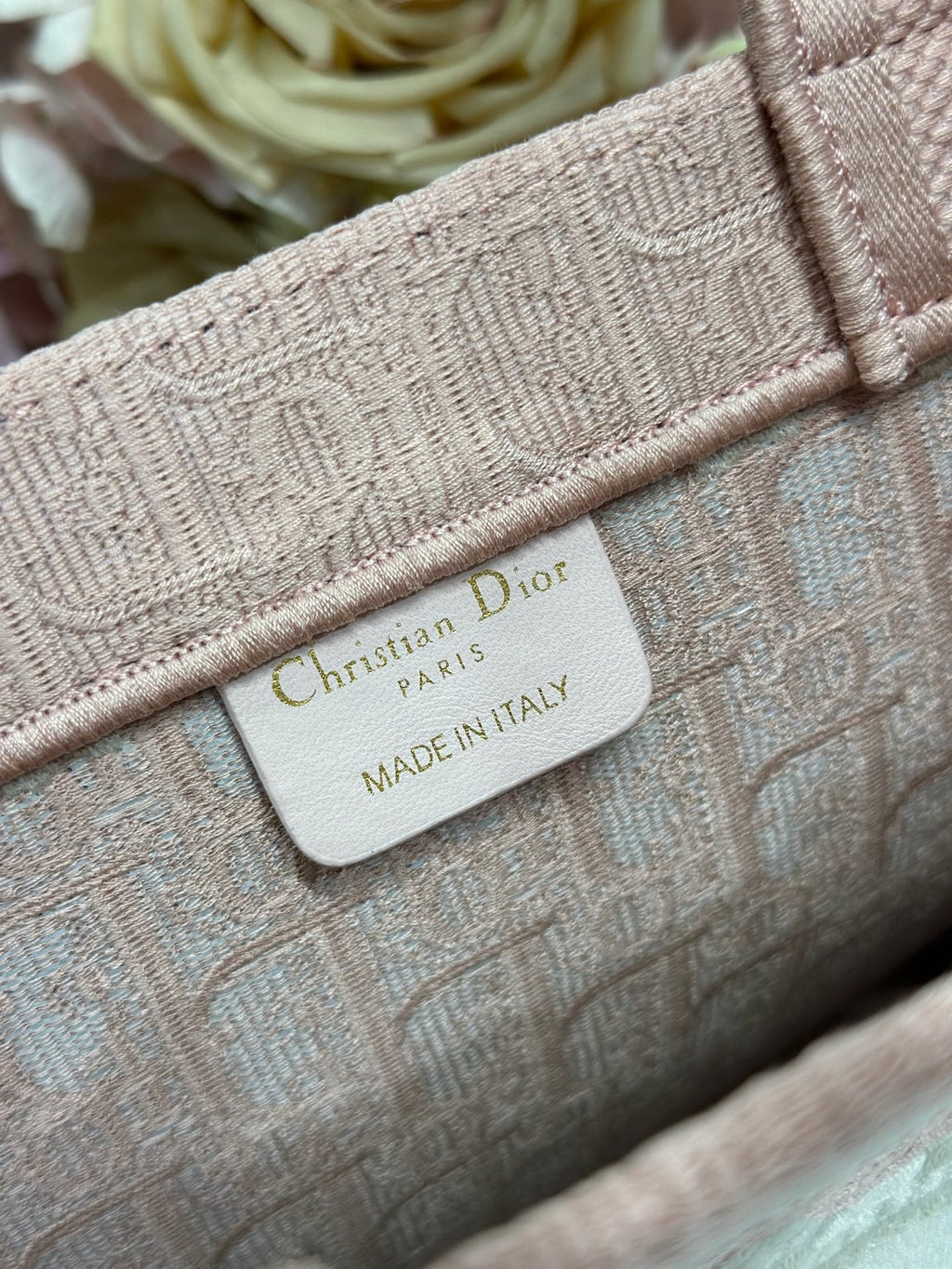 DIOR 26S  BOOK TOTE BAG 36 IN LIGHT PINK AND WHITE FABRIC
