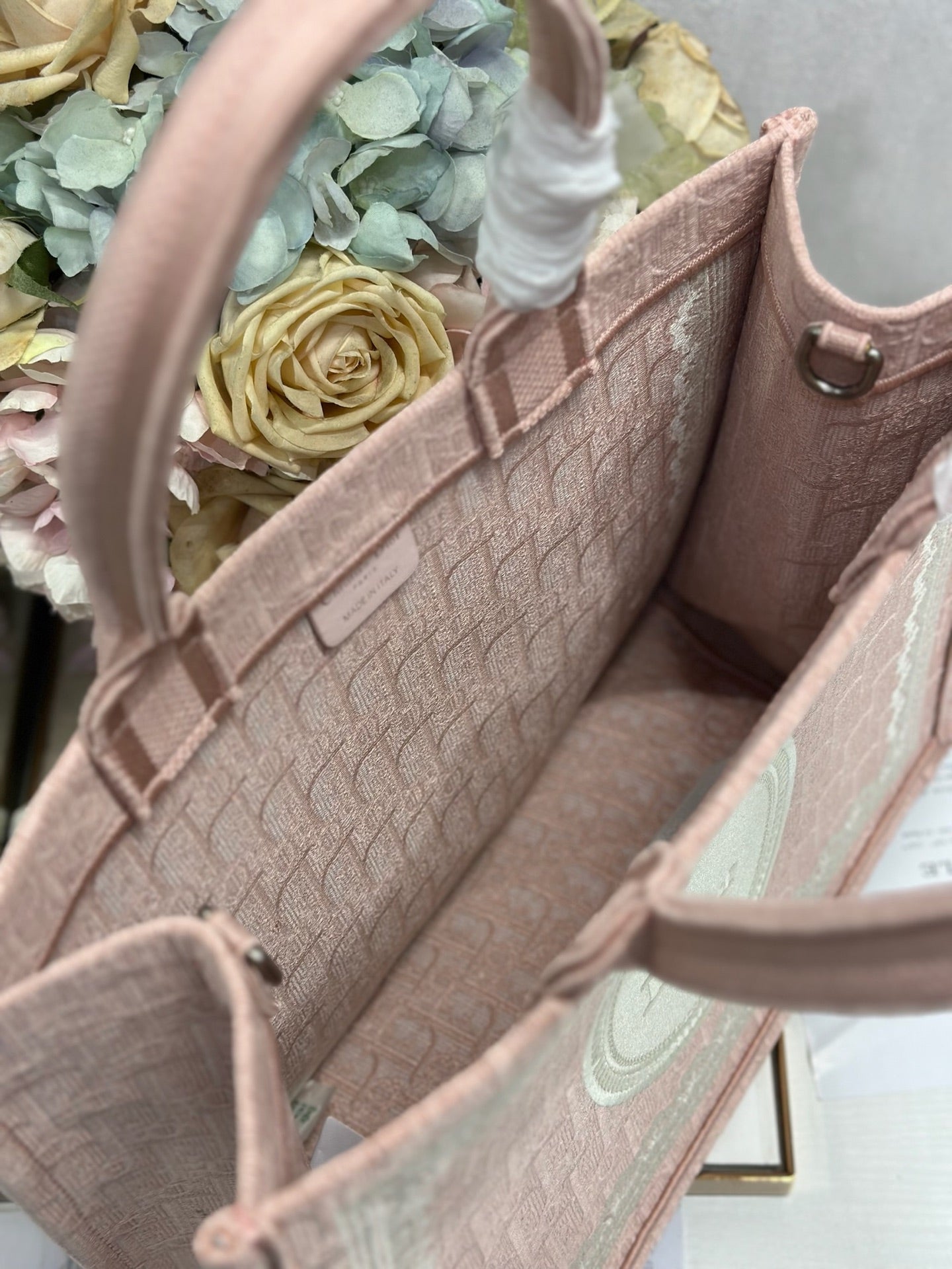 DIOR 26S  BOOK TOTE BAG 36 IN LIGHT PINK AND WHITE FABRIC