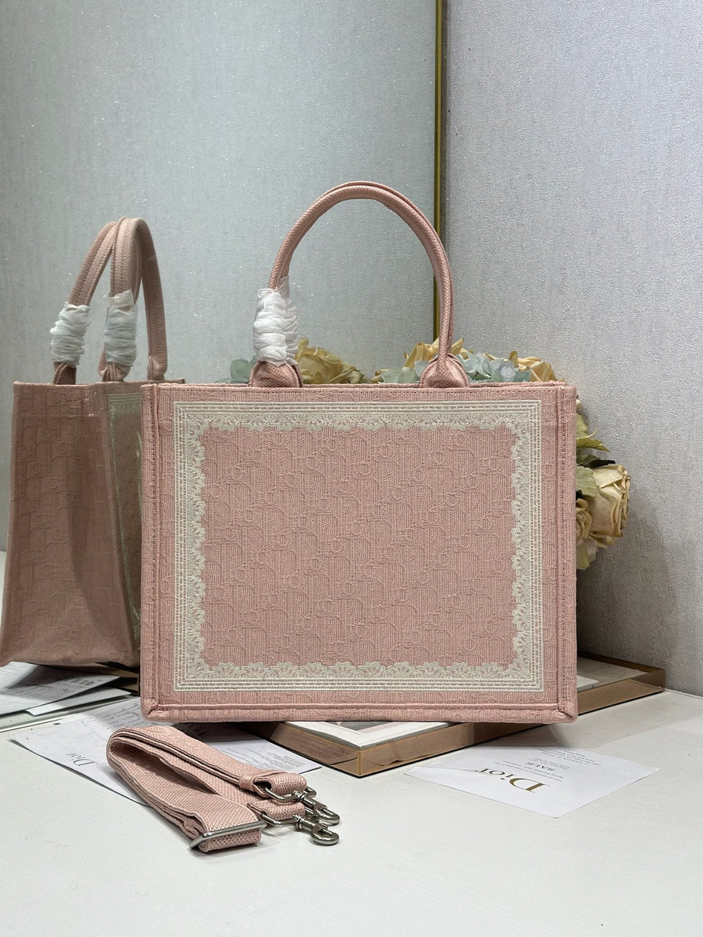DIOR 26S  BOOK TOTE BAG 36 IN LIGHT PINK AND WHITE FABRIC