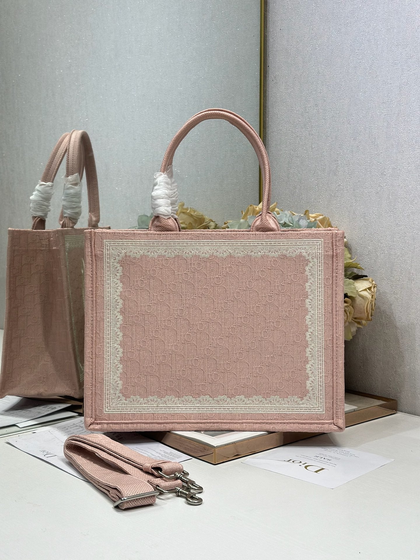 DIOR 26S  BOOK TOTE BAG 36 IN LIGHT PINK AND WHITE FABRIC