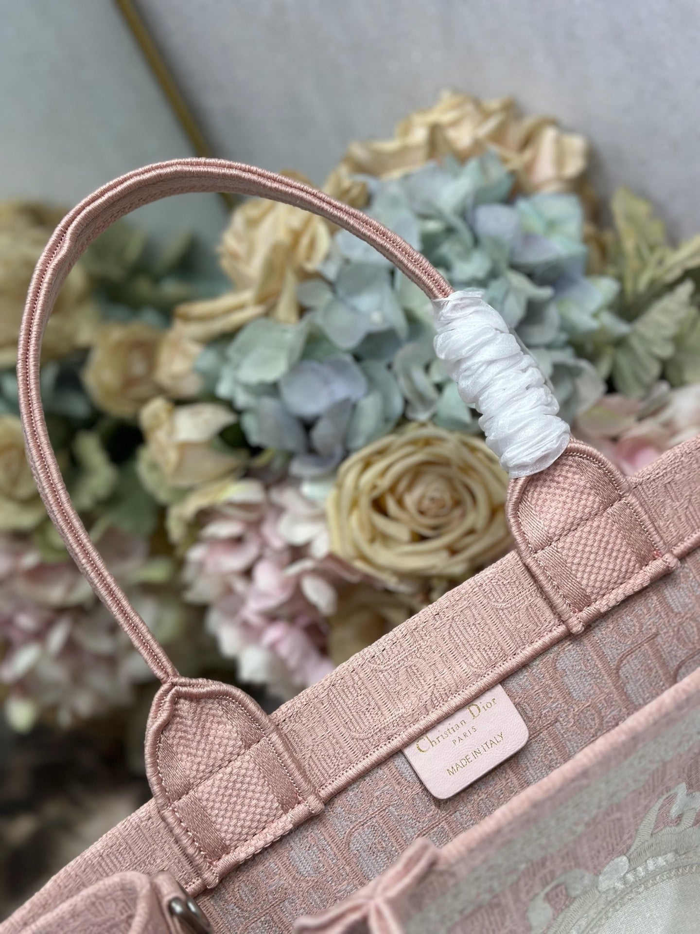 DIOR 26S  BOOK TOTE BAG 36 IN LIGHT PINK AND WHITE FABRIC