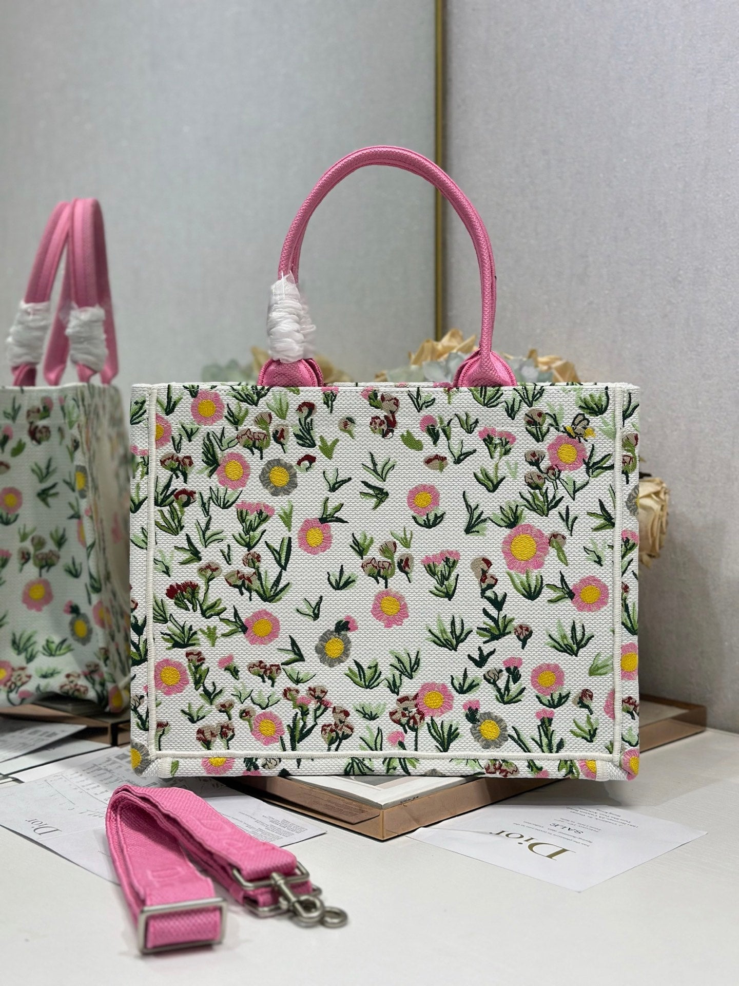 DIOR 26S BOOK TOTE BAG 36 IN MULTICOLOR FLORAL EMBROIDERED JACQUARD
