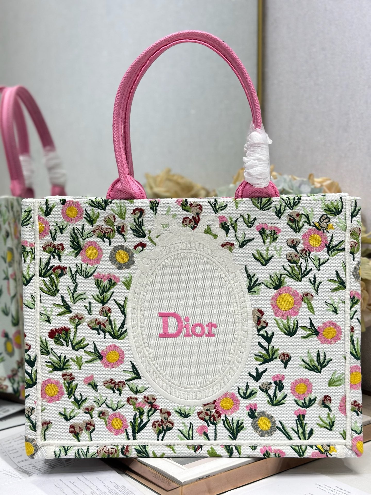 DIOR 26S BOOK TOTE BAG 36 IN MULTICOLOR FLORAL EMBROIDERED JACQUARD