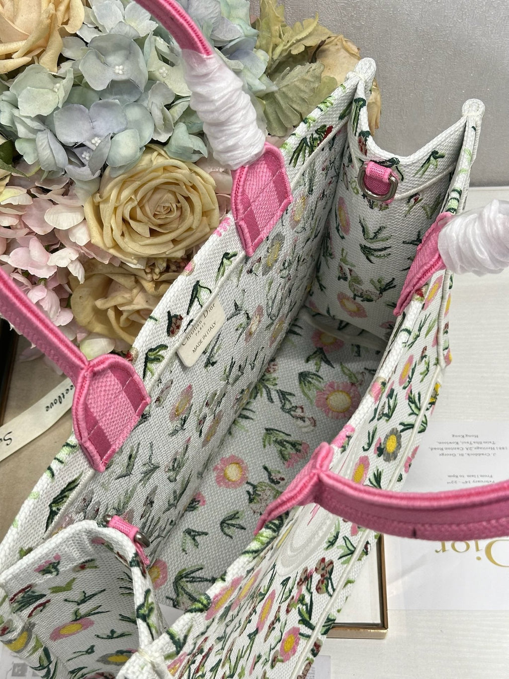 DIOR 26S BOOK TOTE BAG 36 IN MULTICOLOR FLORAL EMBROIDERED JACQUARD