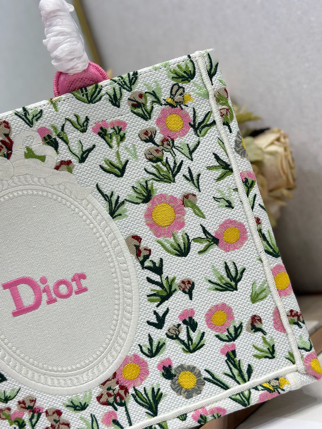 DIOR 26S BOOK TOTE BAG 36 IN MULTICOLOR FLORAL EMBROIDERED JACQUARD