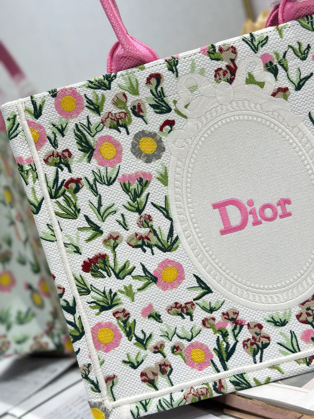 DIOR 26S BOOK TOTE BAG 36 IN MULTICOLOR FLORAL EMBROIDERED JACQUARD