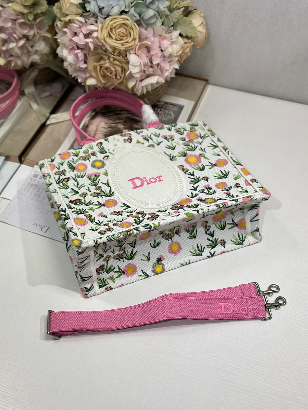 DIOR 26S BOOK TOTE BAG 36 IN MULTICOLOR FLORAL EMBROIDERED JACQUARD