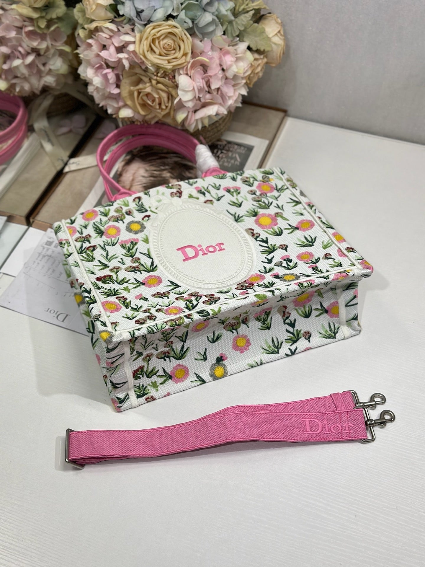 DIOR 26S BOOK TOTE BAG 36 IN MULTICOLOR FLORAL EMBROIDERED JACQUARD