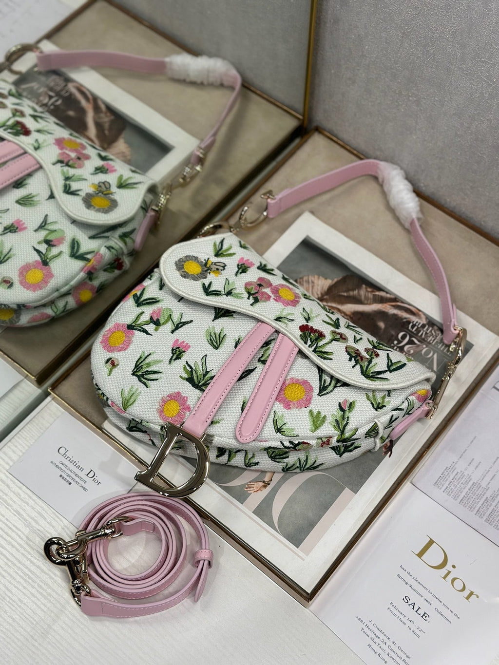 DIOR 26S SADDLE BAG 25 IN MULTICOLOR FLORAL EMBROIDERED JACQUARD