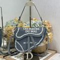 DIOR 26S SADDLE BAG 25 IN DARK BLUE AND WHITE EMBROIDERED JACQUARD