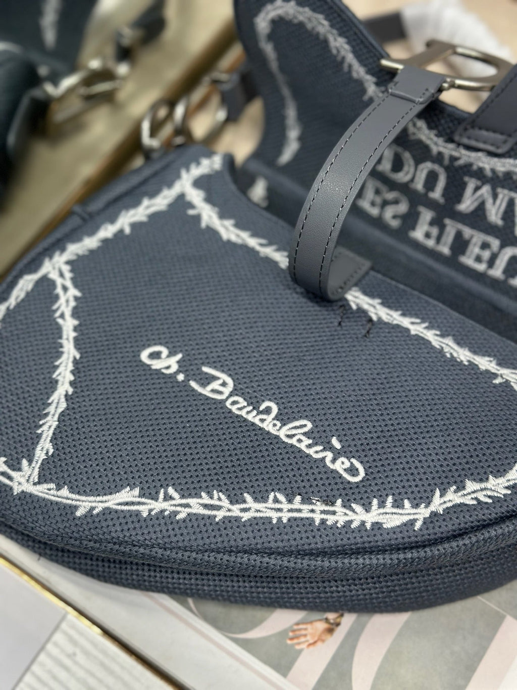 DIOR 26S SADDLE BAG 25 IN DARK BLUE AND WHITE EMBROIDERED JACQUARD