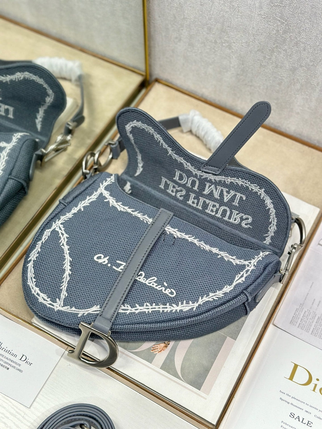 DIOR 26S SADDLE BAG 25 IN DARK BLUE AND WHITE EMBROIDERED JACQUARD
