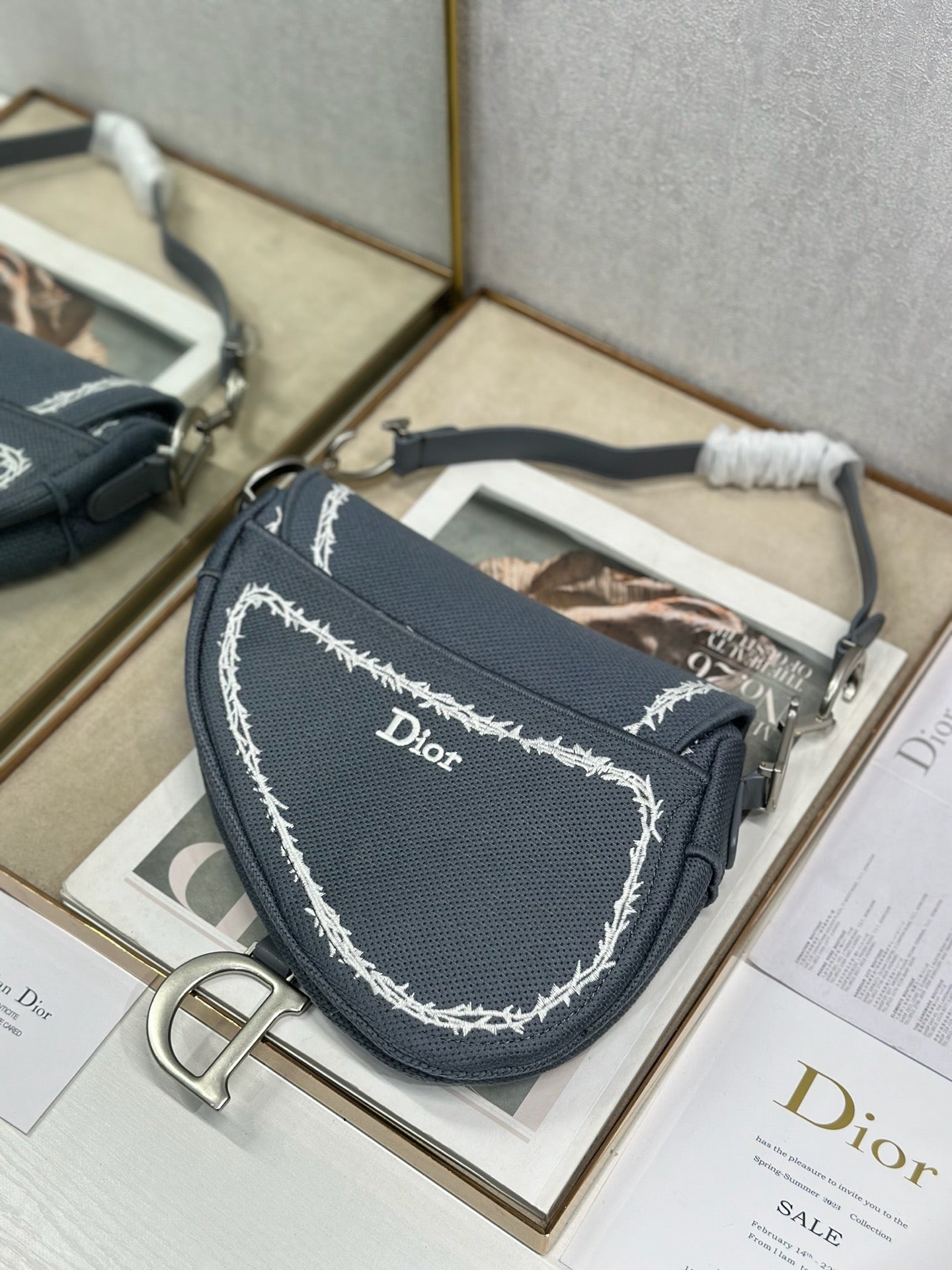 DIOR 26S SADDLE BAG 25 IN DARK BLUE AND WHITE EMBROIDERED JACQUARD