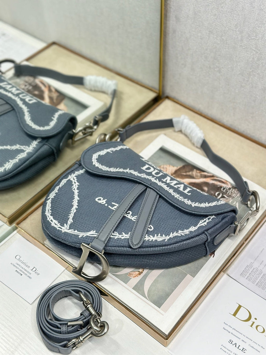 DIOR 26S SADDLE BAG 25 IN DARK BLUE AND WHITE EMBROIDERED JACQUARD