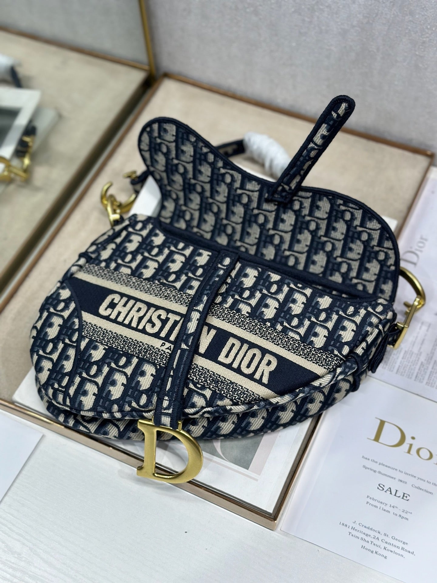 DIOR 26S SADDLE BAG 25 IN NAVY BLUE AND WHITE OBLIQUE JACQUARD