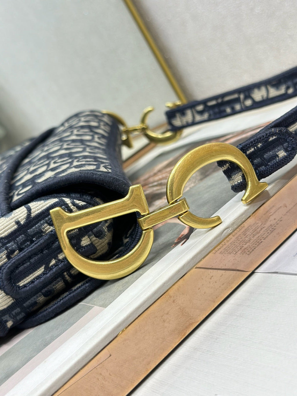 DIOR 26S SADDLE BAG 25 IN NAVY BLUE AND WHITE OBLIQUE JACQUARD
