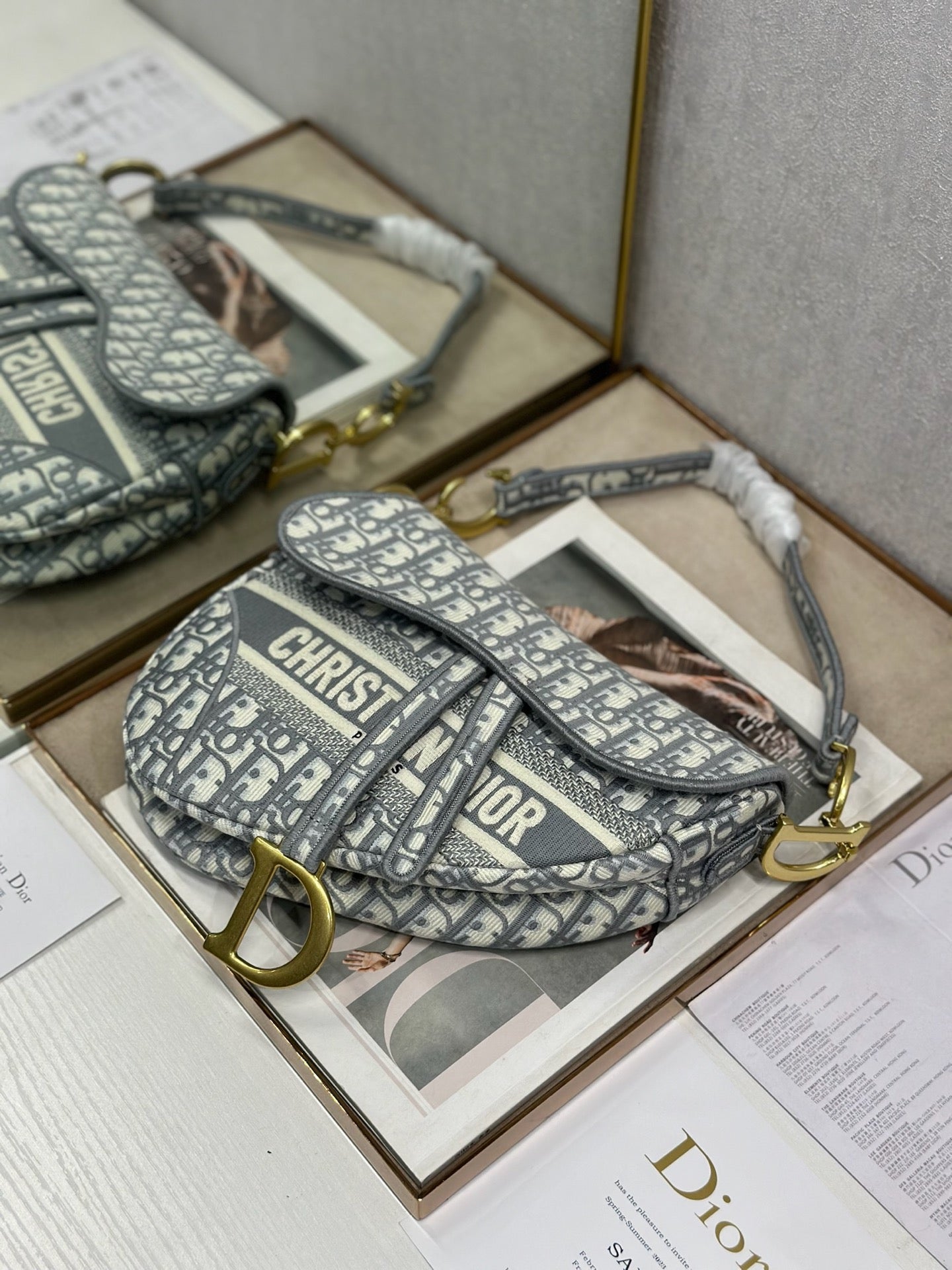 DIOR 26S SADDLE BAG 25 IN GREY AND BLACK OBLIQUE JACQUARD