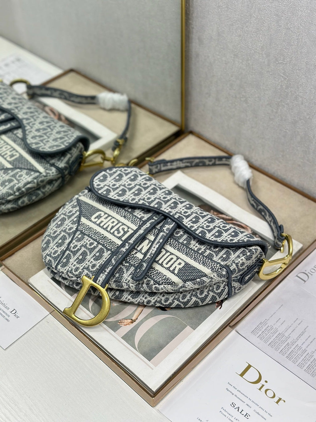 DIOR 26S SADDLE BAG 25 IN NAVY BLUE AND BLACK OBLIQUE JACQUARD