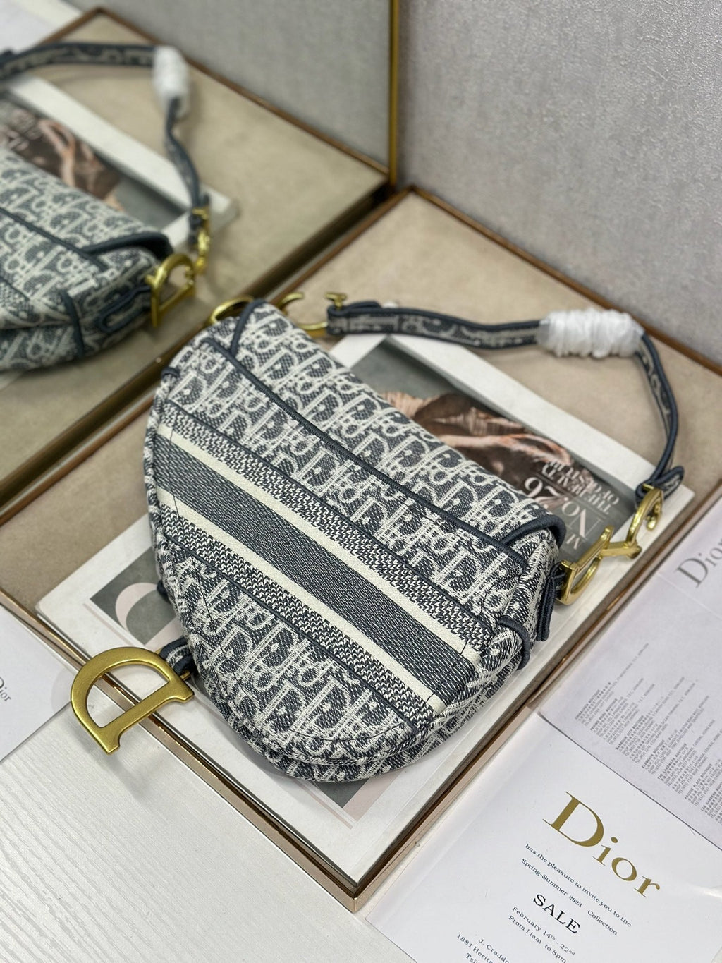DIOR 26S SADDLE BAG 25 IN NAVY BLUE AND BLACK OBLIQUE JACQUARD