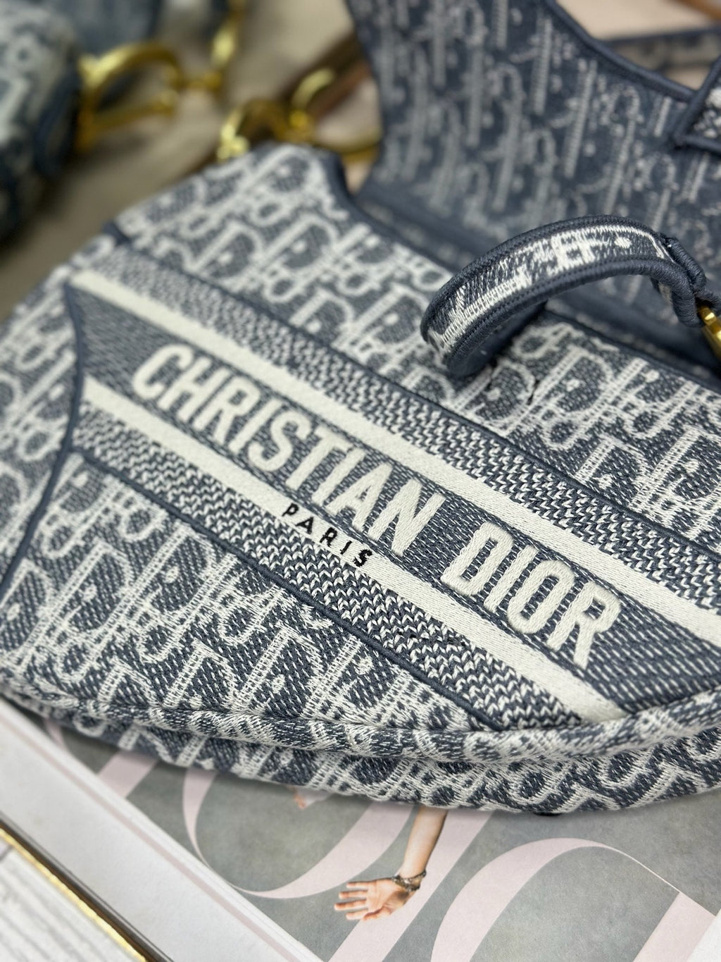 DIOR 26S SADDLE BAG 25 IN NAVY BLUE AND BLACK OBLIQUE JACQUARD
