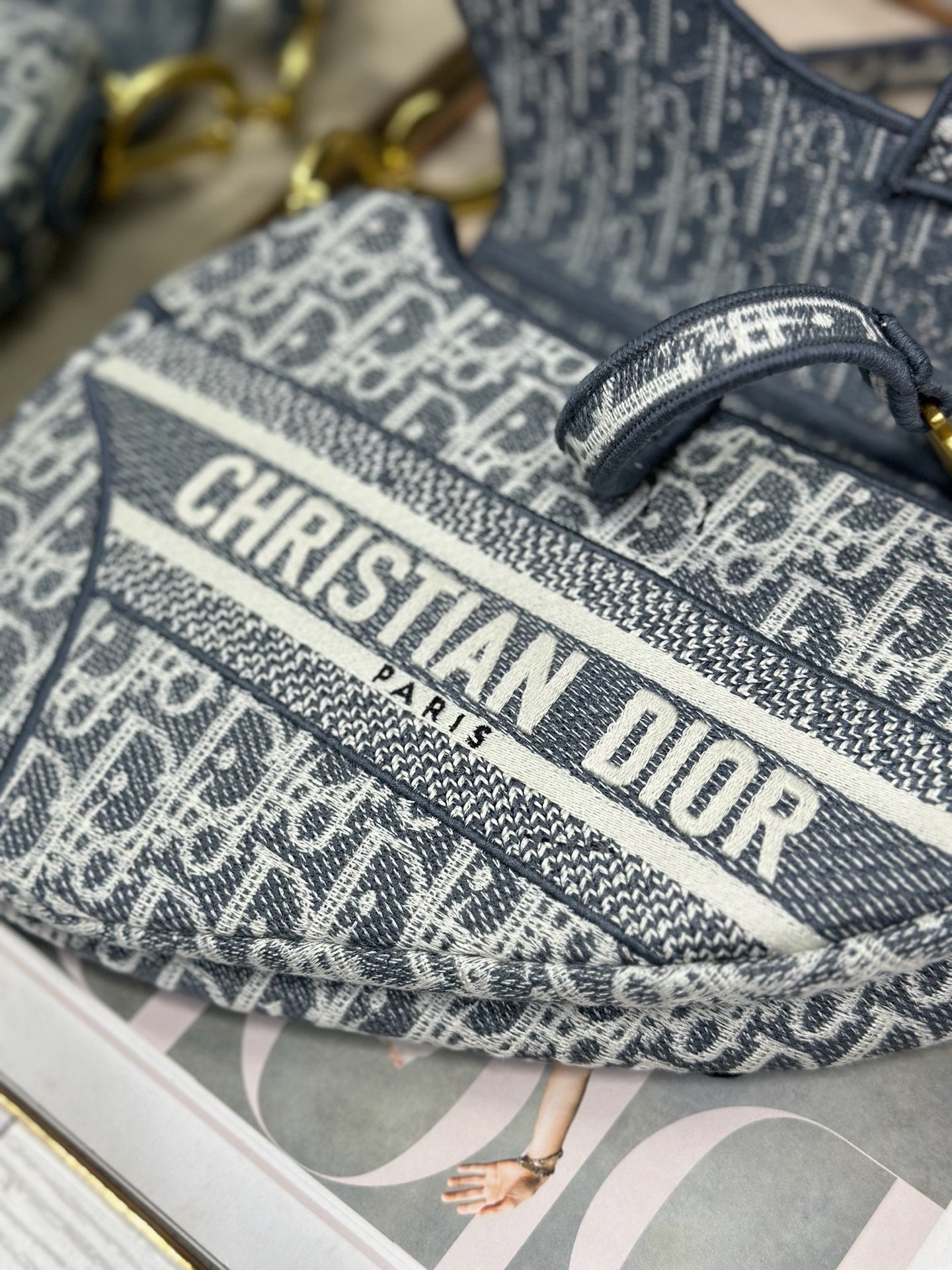 DIOR 26S SADDLE BAG 25 IN NAVY BLUE AND BLACK OBLIQUE JACQUARD