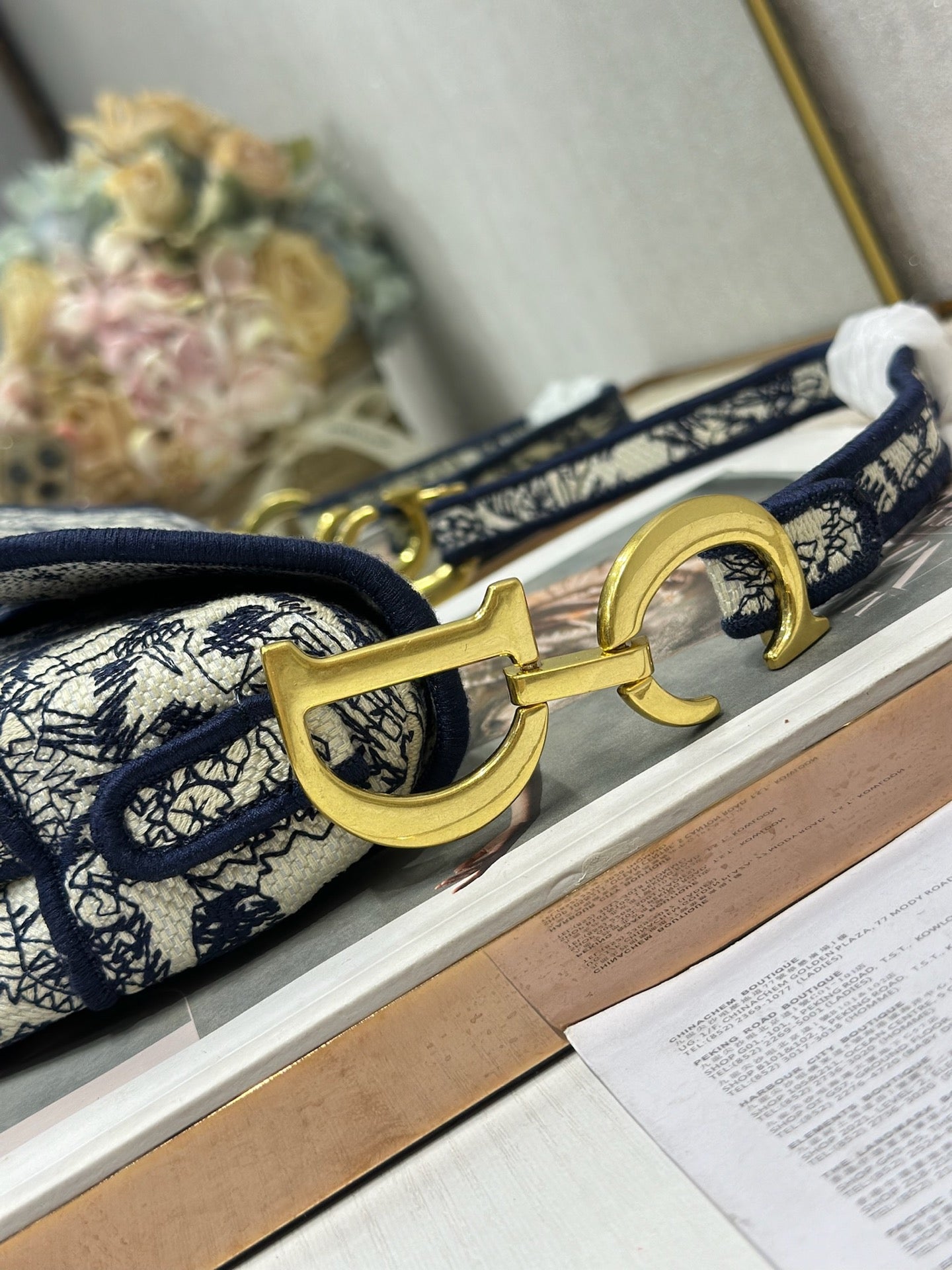 DIOR 26S SADDLE BAG 25 IN NAVY BLUE AND BEIGE JACQUARD