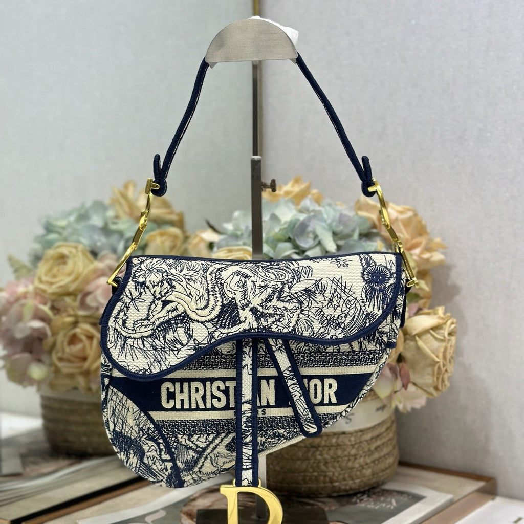DIOR 26S SADDLE BAG 25 IN NAVY BLUE AND BEIGE JACQUARD