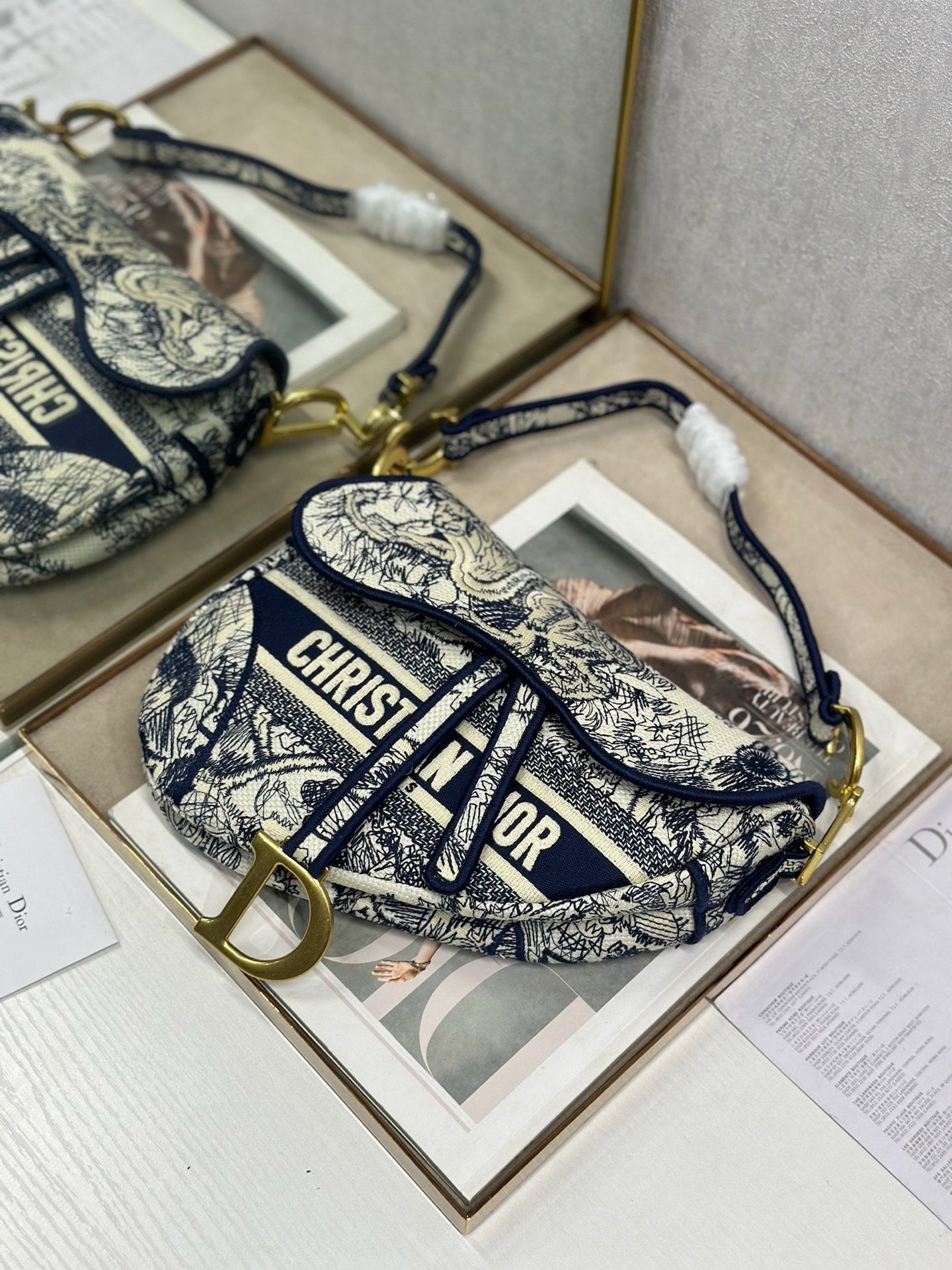 DIOR 26S SADDLE BAG 25 IN NAVY BLUE AND BEIGE JACQUARD