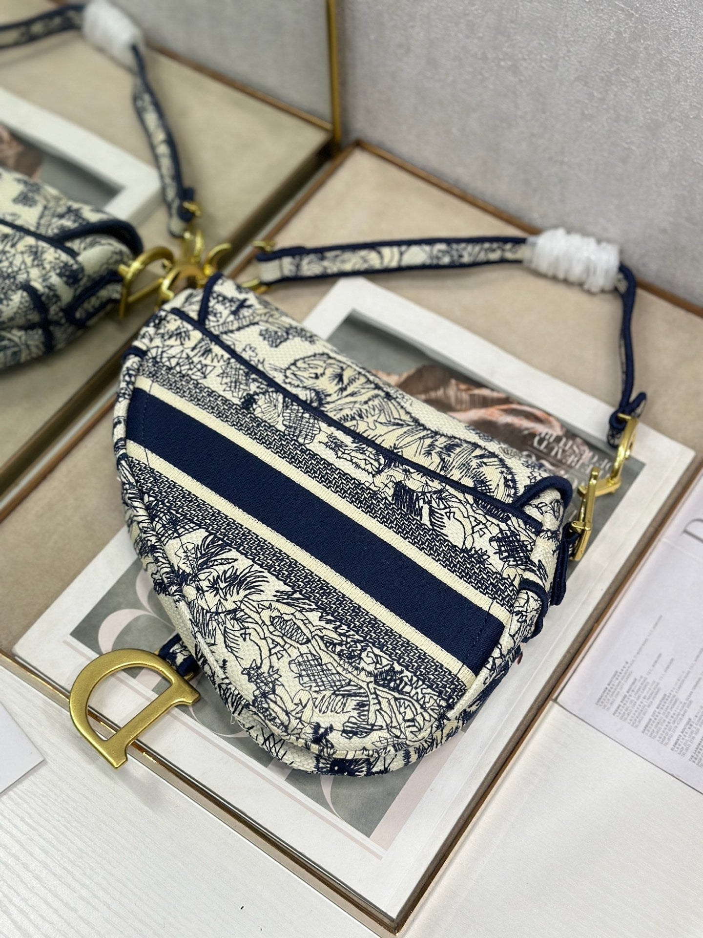 DIOR 26S SADDLE BAG 25 IN NAVY BLUE AND BEIGE JACQUARD