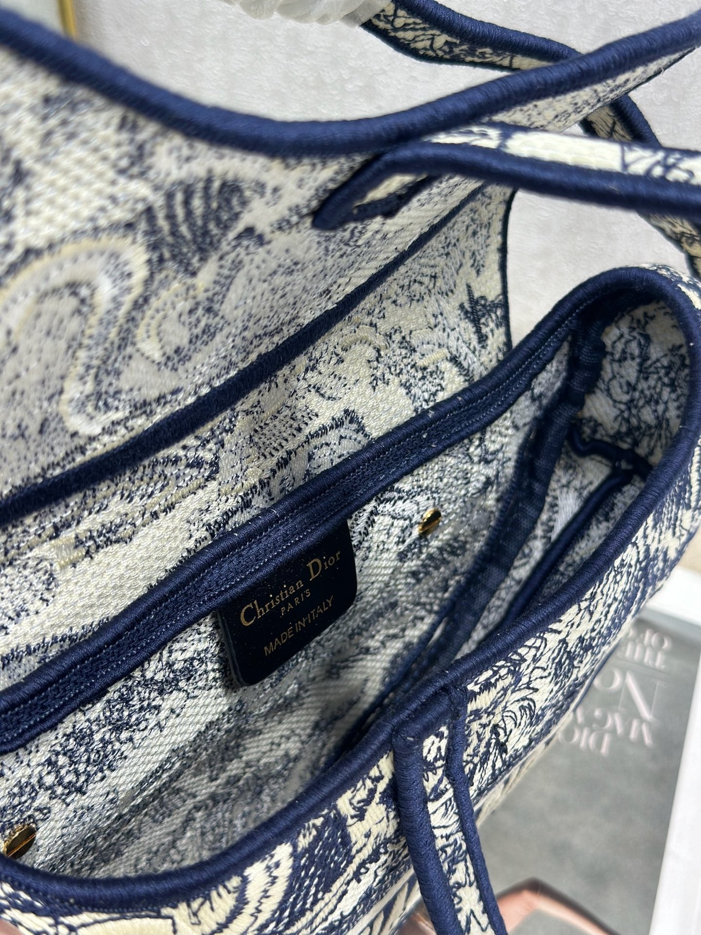 DIOR 26S SADDLE BAG 25 IN NAVY BLUE AND BEIGE JACQUARD