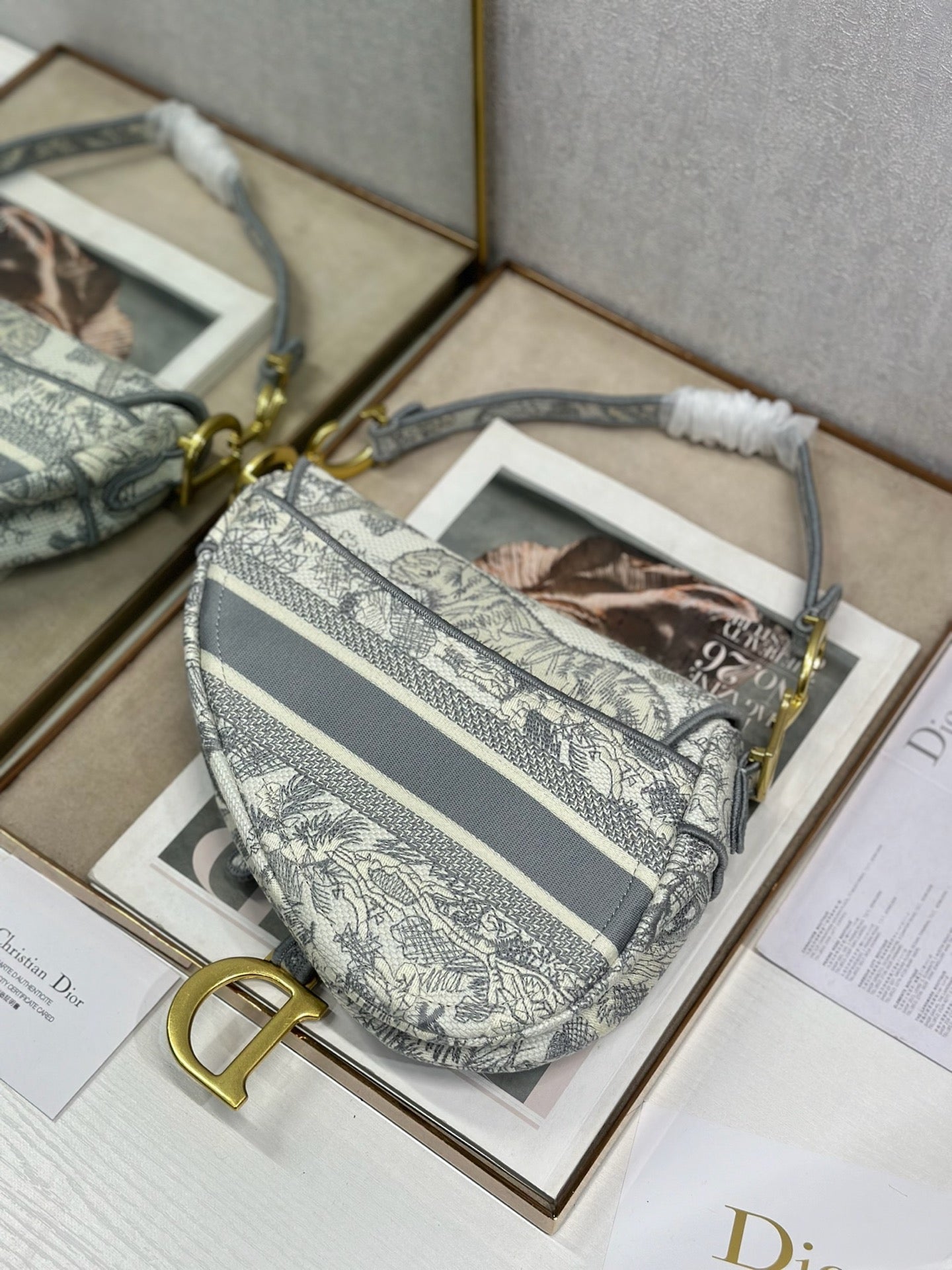DIOR 26S SADDLE BAG 25 IN GREY AND WHITE JACQUARD