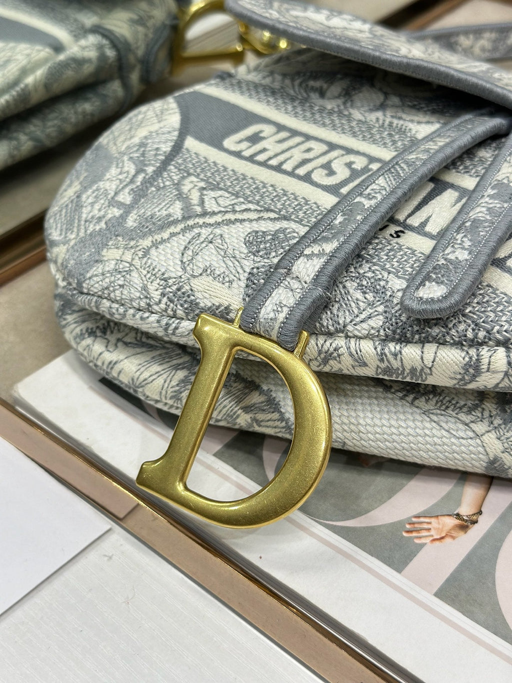 DIOR 26S SADDLE BAG 25 IN GREY AND WHITE JACQUARD