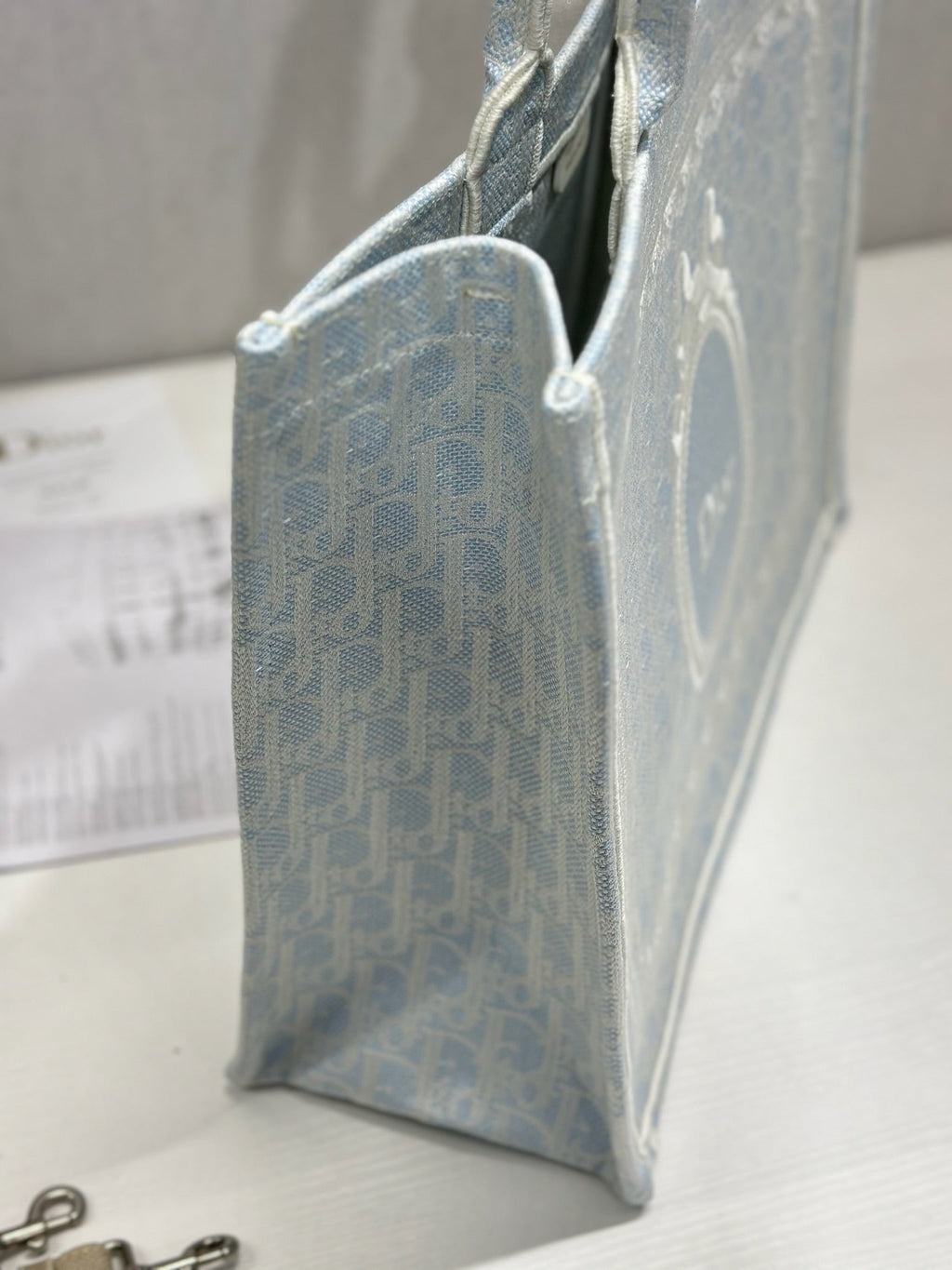 DIOR 26S BOOK TOTE BAG 42 IN LIGHT BLUE AND BEIGE BAYADERE FABRIC