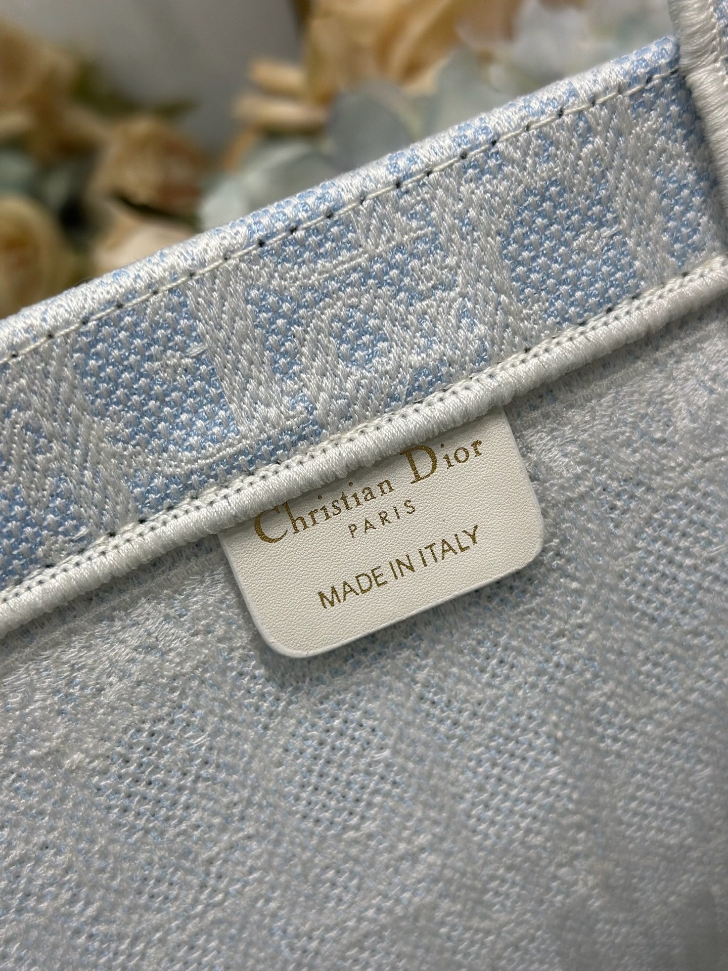 DIOR 26S BOOK TOTE BAG 42 IN LIGHT BLUE AND BEIGE BAYADERE FABRIC