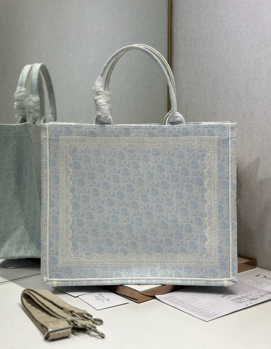DIOR 26S BOOK TOTE BAG 42 IN LIGHT BLUE AND BEIGE BAYADERE FABRIC