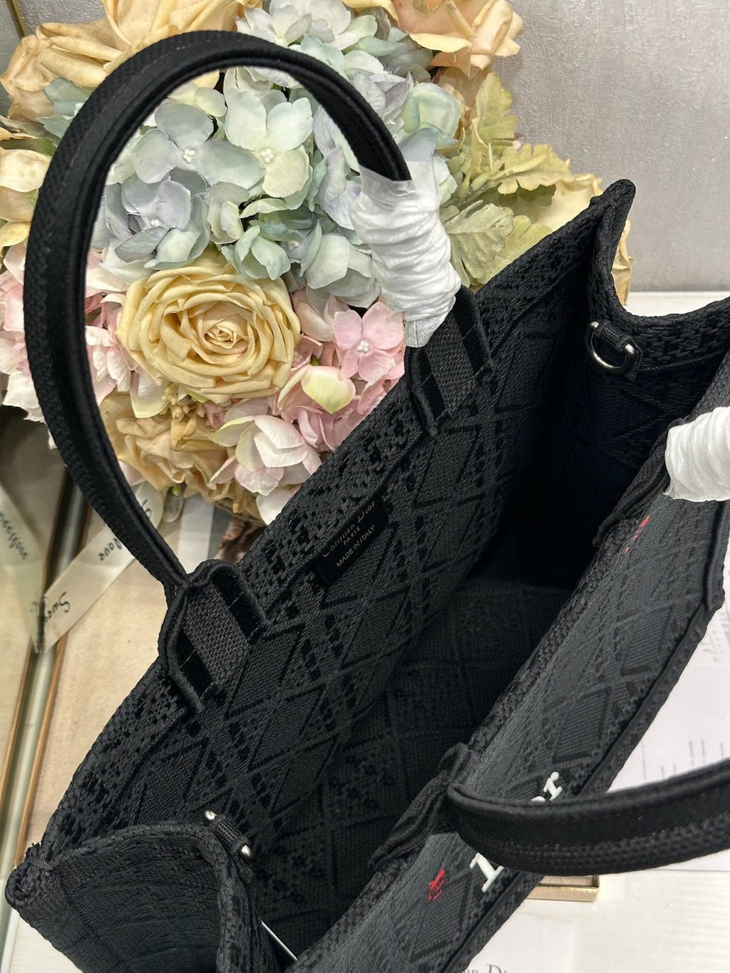 DIOR 26S BOOK TOTE BAG 36 IN BLACK BAYADERE FABRIC