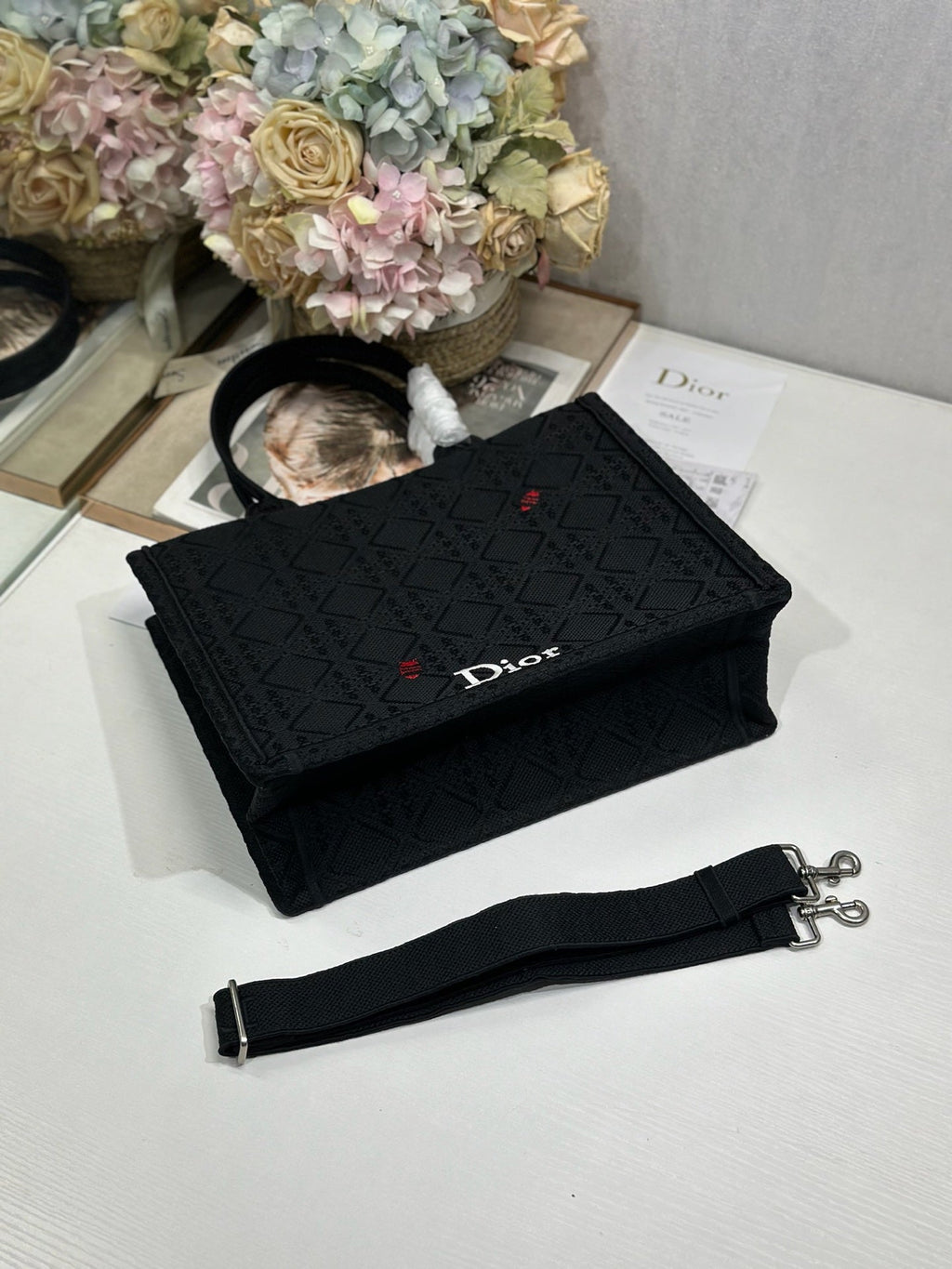 DIOR 26S BOOK TOTE BAG 36 IN BLACK BAYADERE FABRIC