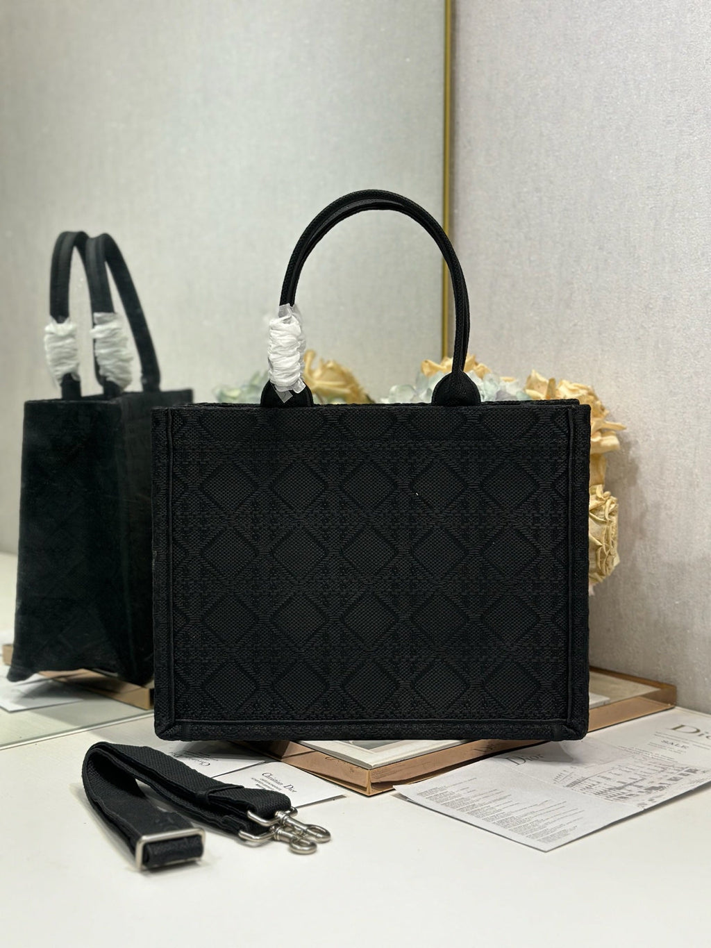 DIOR 26S BOOK TOTE BAG 36 IN BLACK BAYADERE FABRIC