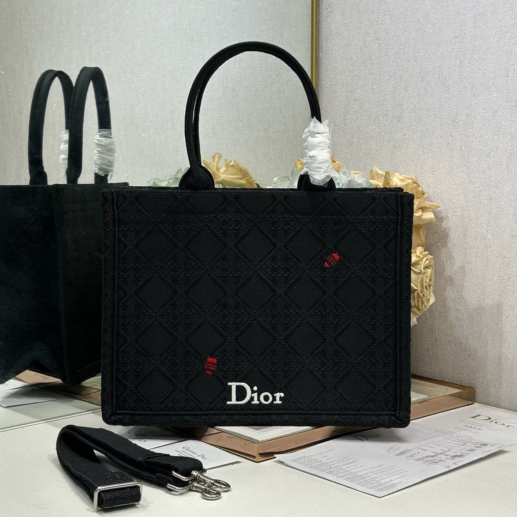 DIOR 26S BOOK TOTE BAG 36 IN BLACK BAYADERE FABRIC