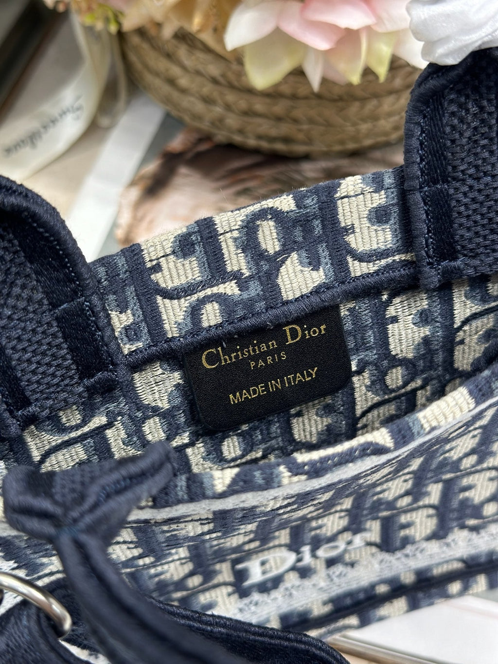 DIOR 26S BOOK TOTE BAG 20 IN NAVY BLUE AND BEIGE FABRIC OBLIQUE FABRIC