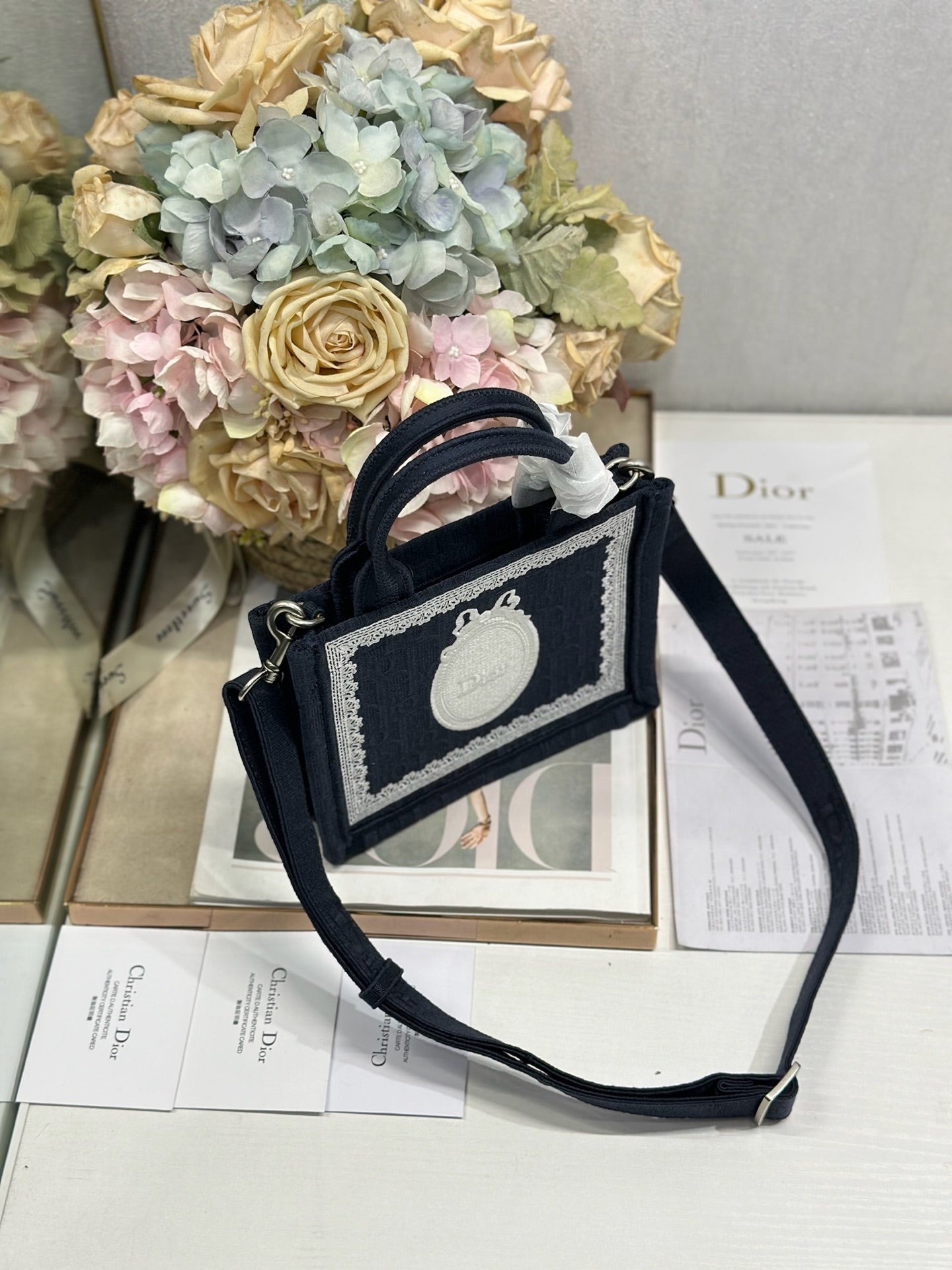 DIOR 26S  BOOK TOTE BAG 20 IN NAVY BLUE AND WHITE FABRIC