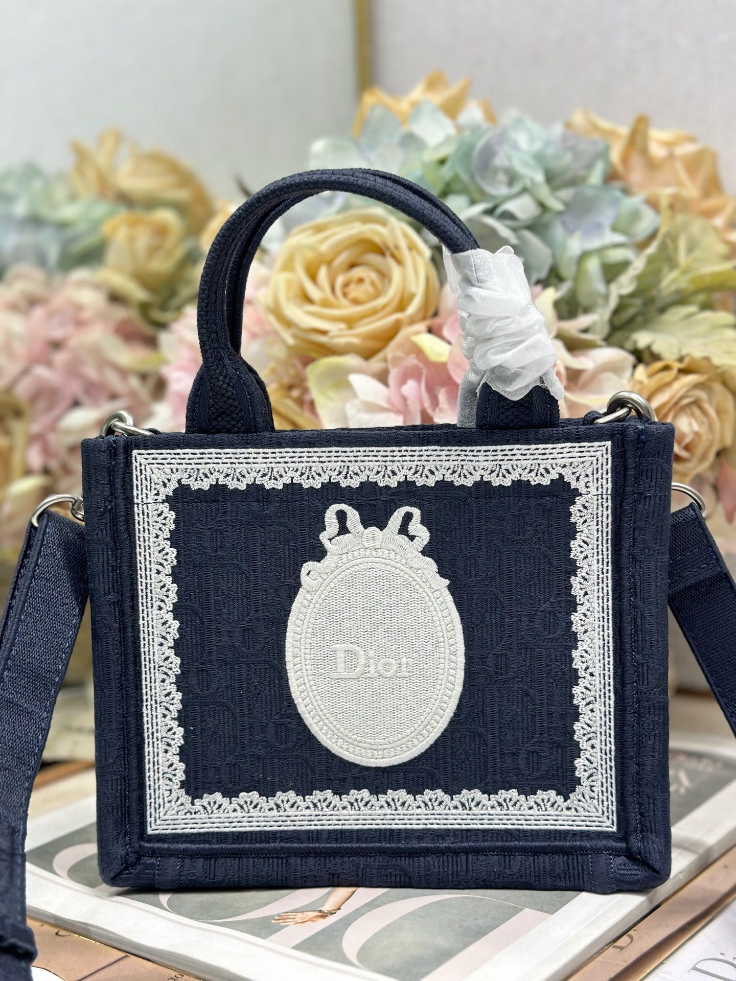 DIOR 26S  BOOK TOTE BAG 20 IN NAVY BLUE AND WHITE FABRIC
