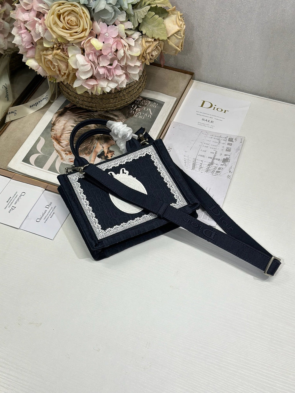 DIOR 26S  BOOK TOTE BAG 20 IN NAVY BLUE AND WHITE FABRIC