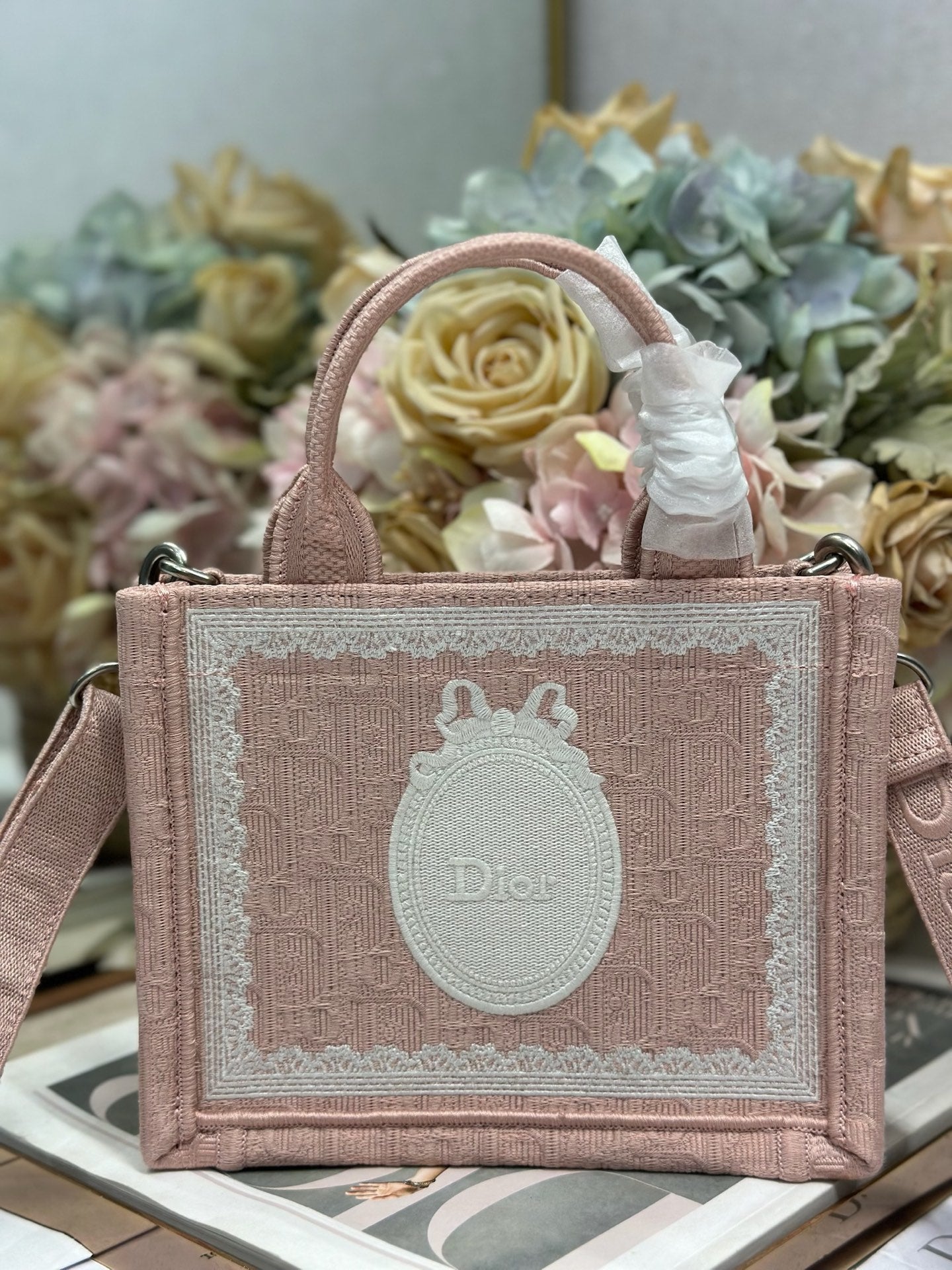 DIOR 26S  BOOK TOTE BAG 20 IN LIGHT PINK AND WHITE FABRIC