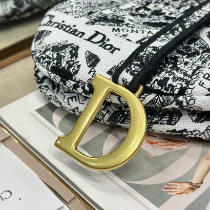 DIOR 26S SADDLE BAG 25 IN WHITE MIX BLACK WOVEN FABRIC