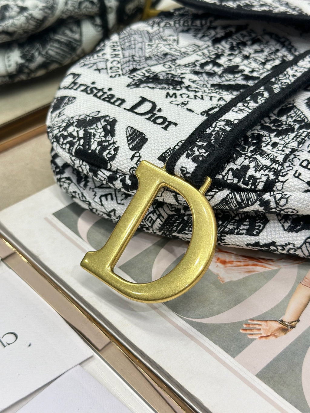DIOR 26S SADDLE BAG 25 IN WHITE MIX BLACK WOVEN FABRIC