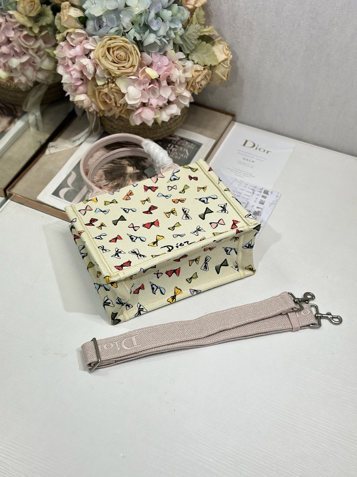 DIOR 26S MINI BOOK TOTE 26 IN BEIGE WHITE BOW PRINT WOVEN FABRIC